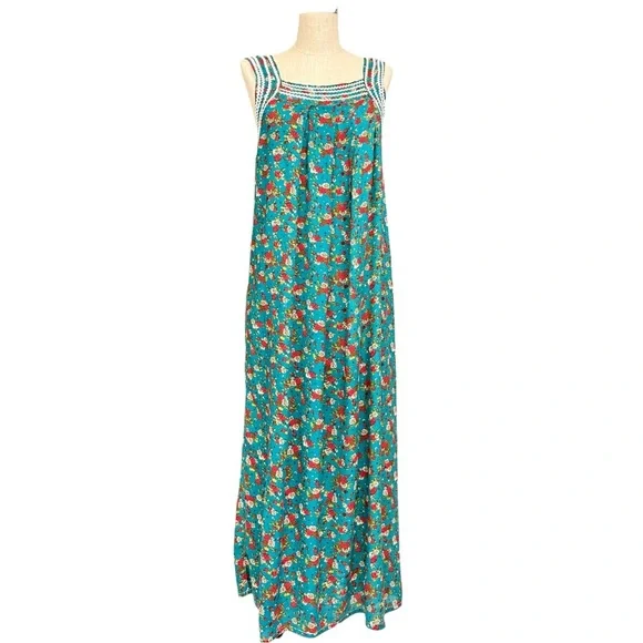 Vintage Cottagecore Floral Maxi Dress Handmade MuuMuu Style Teal S/M - Picture 2 of 10